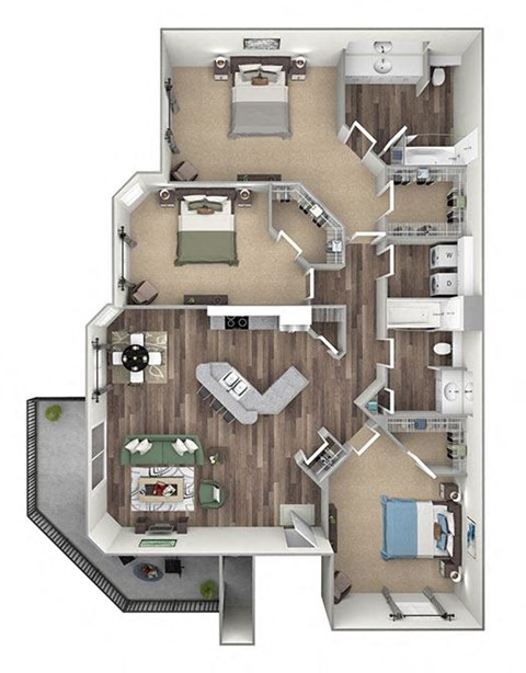 Willow Springs Apartments floor plan C1 Dover 3 bed 2 bath 3D